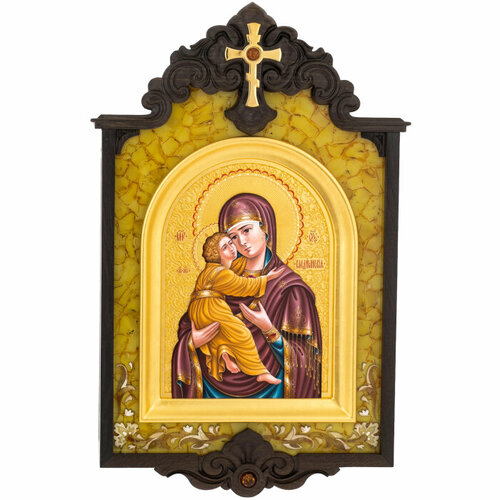 Икона янтарная в киоте Владимирская Божья Матерь