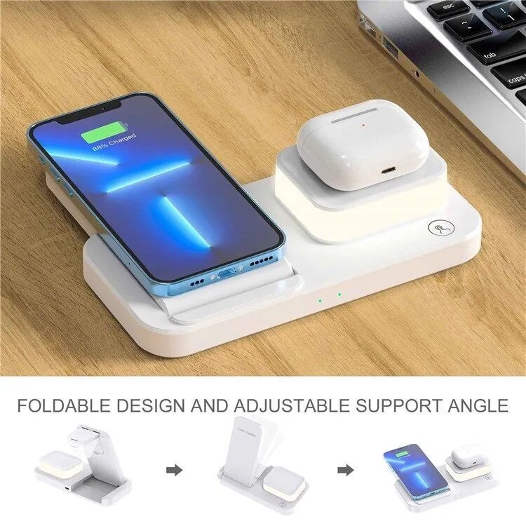 Беспроводное зарядное устройство C500 4 in 1, iPhone+Apple Watch+AirPods+Ночник, 15W, белый — фото 1