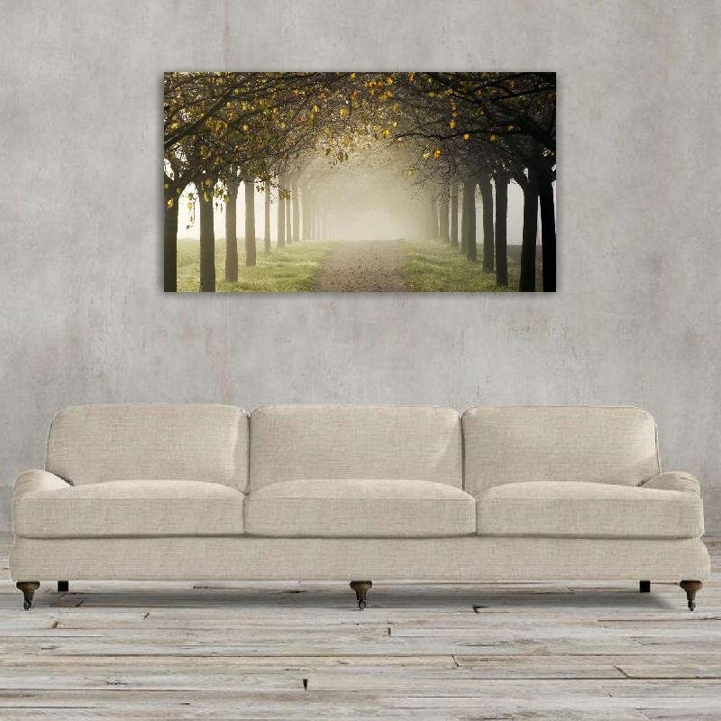 Картина на холсте 60x110 LinxOne "Аллея осень деревья туман дорога" интерьерная для дома / на стену / на кухню / с подрамником