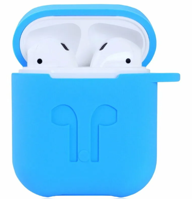 Чехол силиконовый для Airpods 1/Airpods 2 case, голубой с карабином, &