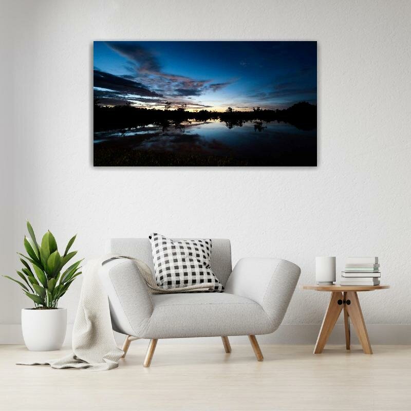 Картина на холсте 60x110 LinxOne "Озеро сумерки деревья" интерьерная для дома / на стену / на кухню / с подрамником