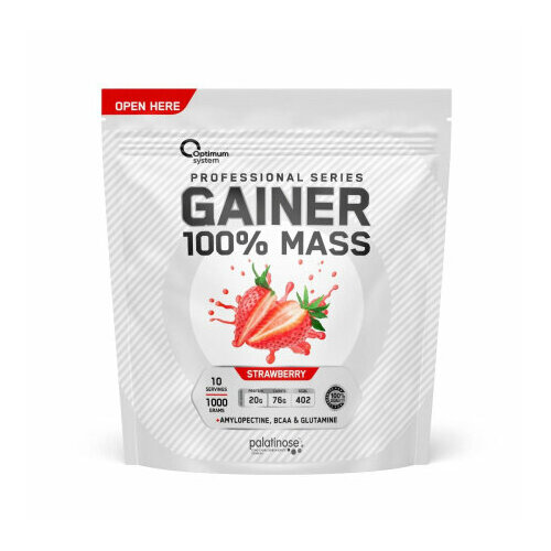 Optimum system 100% Mass Gainer (1 кг.) клубника гейнер optimum system gainer 100% mass 3000 г клубника