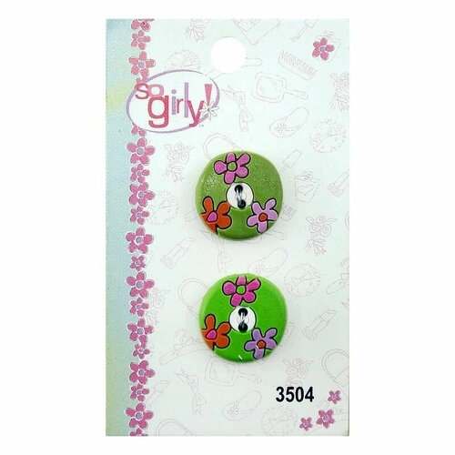 Пуговицы So Girly - круглые, прорезиненные, зеленые с цветами, 2 шт, 1 упаковка