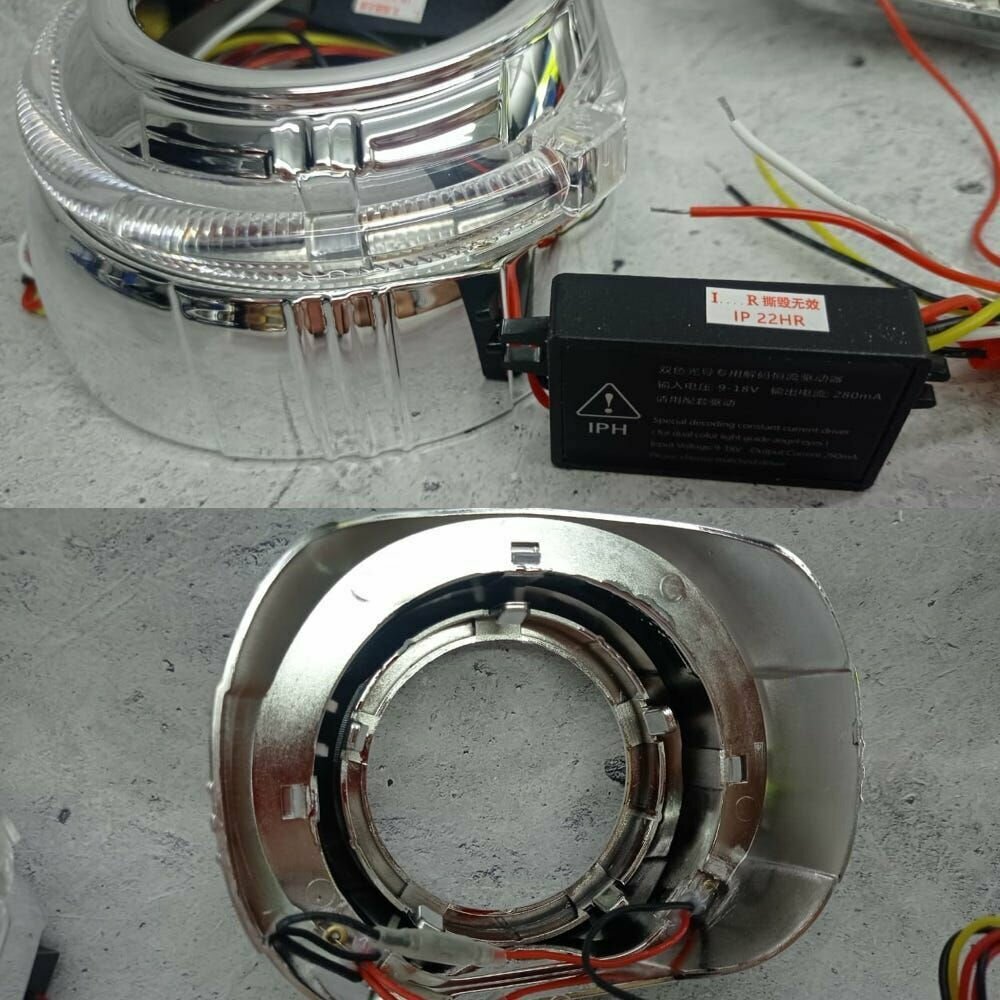 Маски (бленды) для ксеноновой и Bi-LED линзы в авто лед, круглая 3 дюйма, со сверх яркими ангельскими глазками белый+желтый , хром комплект 2шт — фото 3