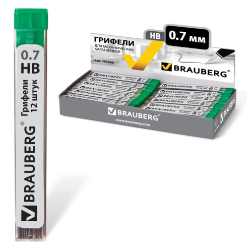 Грифели запасные BRAUBERG, комплект 12 шт, Hi-Polymer, HB, 0,7 мм, 180446 грифели rotring s0230451 12 шт 118 мм