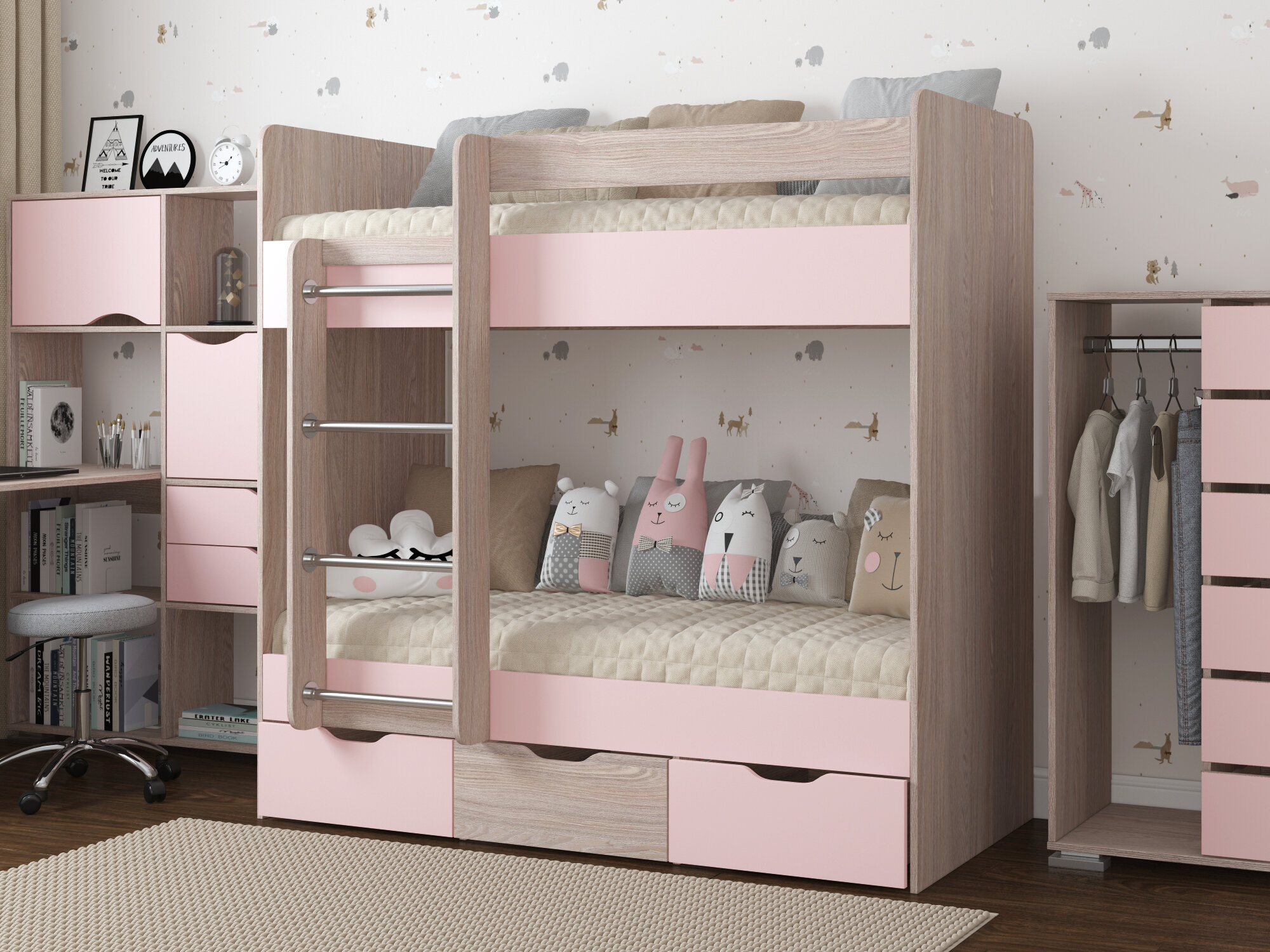 Кровать двухъярусная с ящиками Есэндвич tre Лаворо, 180х70 см (Анкор светлый/Розовый кварц)