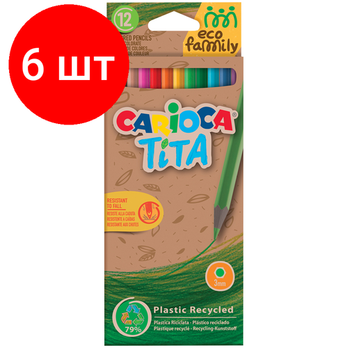 Комплект 6 шт, Карандаши цветные пластиковые Carioca Tita. EcoFamily, 12цв, заточен, картон, европодвес комплект 6 шт карандаши цветные пластиковые carioca tita ecofamily 12цв заточен картон европодвес