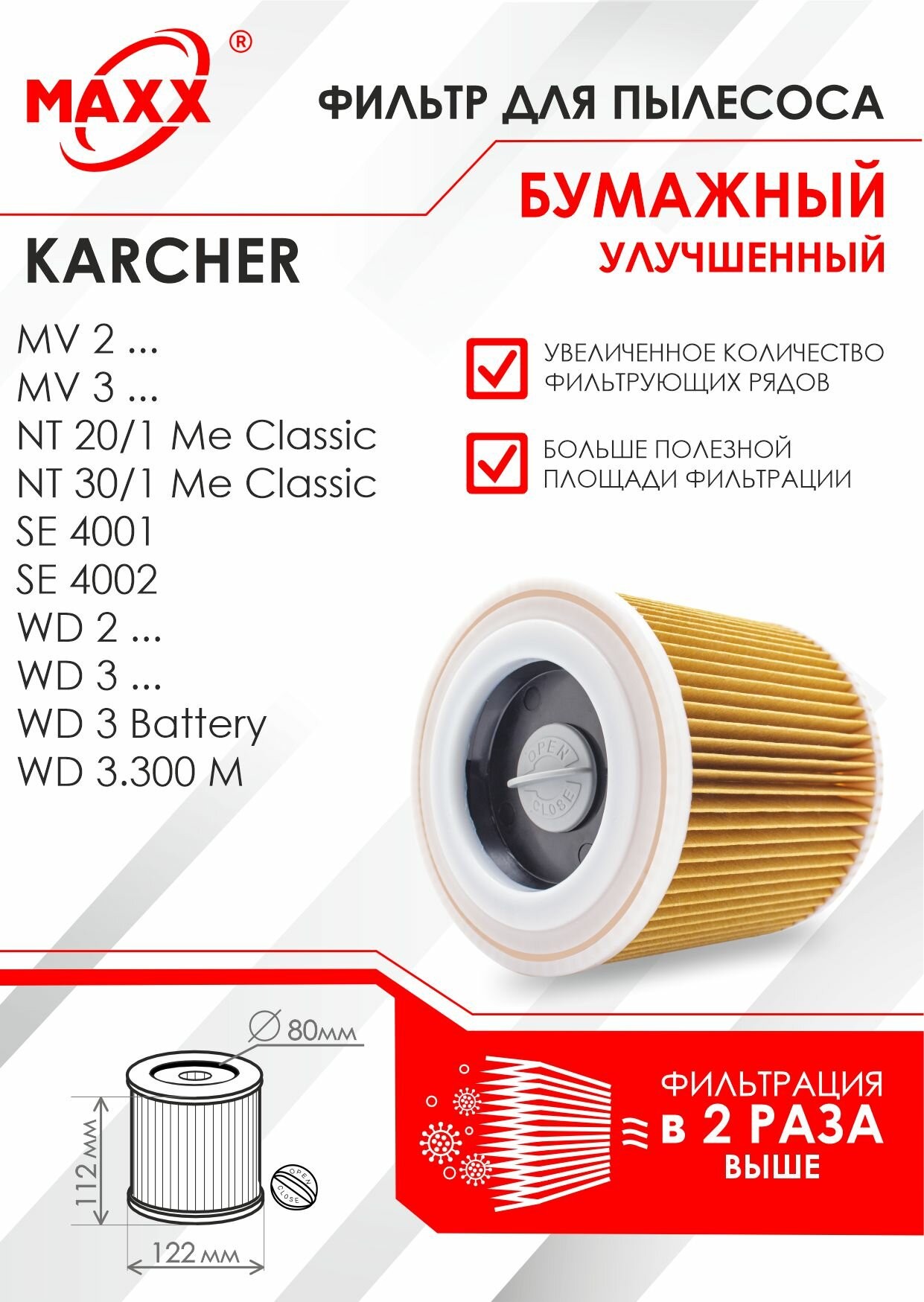 Патронный фильтр KFI 3310 бумажный улучшенный для пылесоса Karcher WD 2 WD 3 KWD 1 KWD 3 SE 4001 и SE 4002 (2.863-303.0)