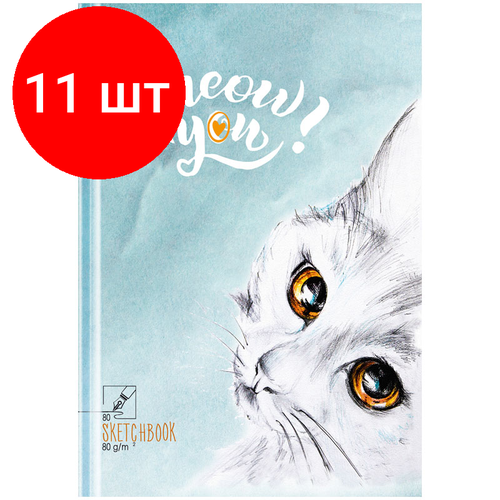 Комплект 11 шт, Скетчбук 80л, А5 7БЦ BG Твой кот, матовая ламинация, выб. лак, салатовый блок, 80г/м2