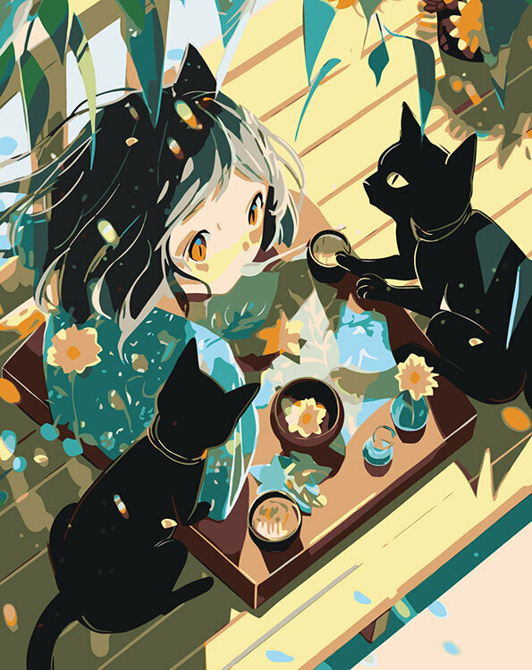 Картина по номерам Аниме чайная церемония с черными котами