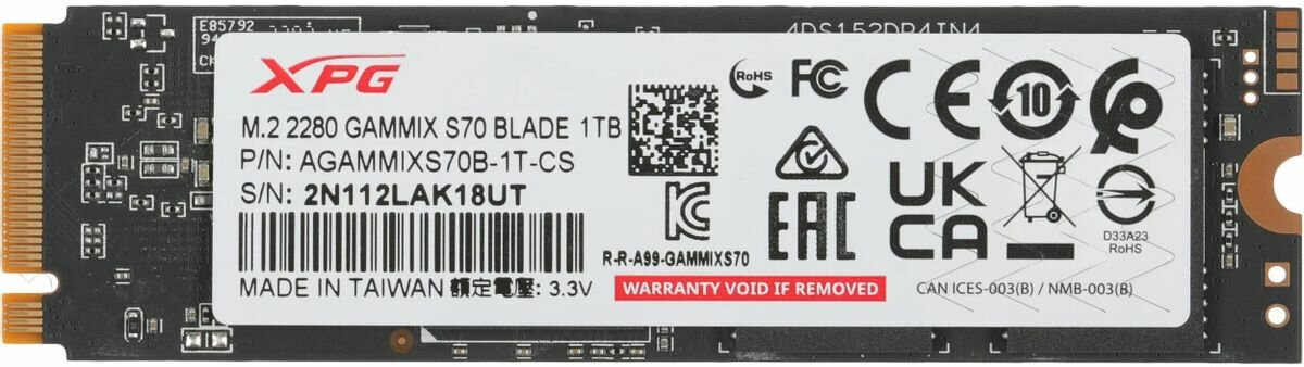 SSD накопитель A-Data XPG Gammix S70 Blade AGAMMIXS70B-1T-CS 1ТБ, M.2 2280, PCIe 4.0 x4, NVMe, M.2