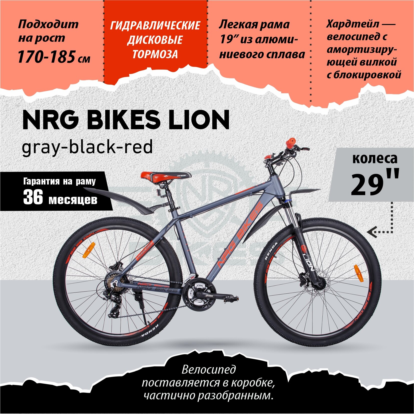 Велосипед NRG Bikes LION 29'' AL/19'', gray-black-red