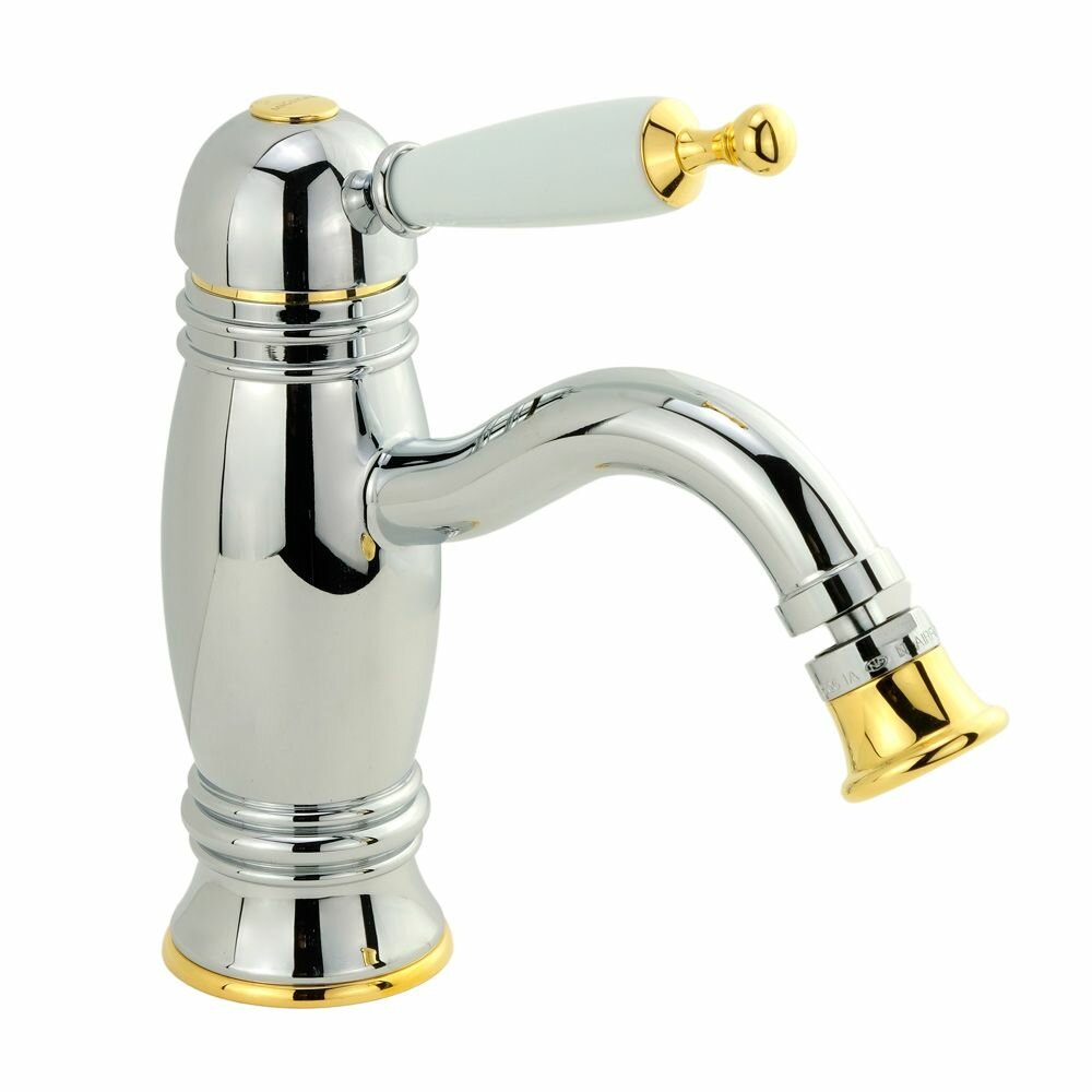 Смеситель для биде OXFORD монокомандный., ручка (сверху) белая, хром/золото