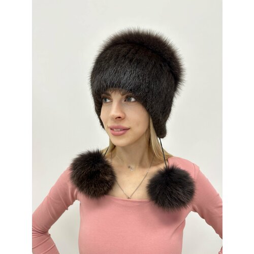 шапка ушанка женская зимняя вязаная из 100% натурального меха чернобурки Шапка бини Машенька, размер 59, коричневый