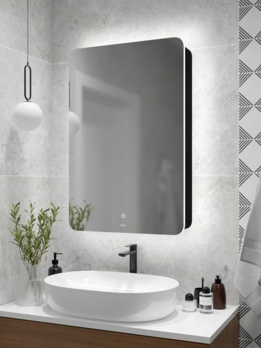 Шкаф зеркальный в ванную комнату, с подсветкой, прямоугольный 56х85 см, черный, левый