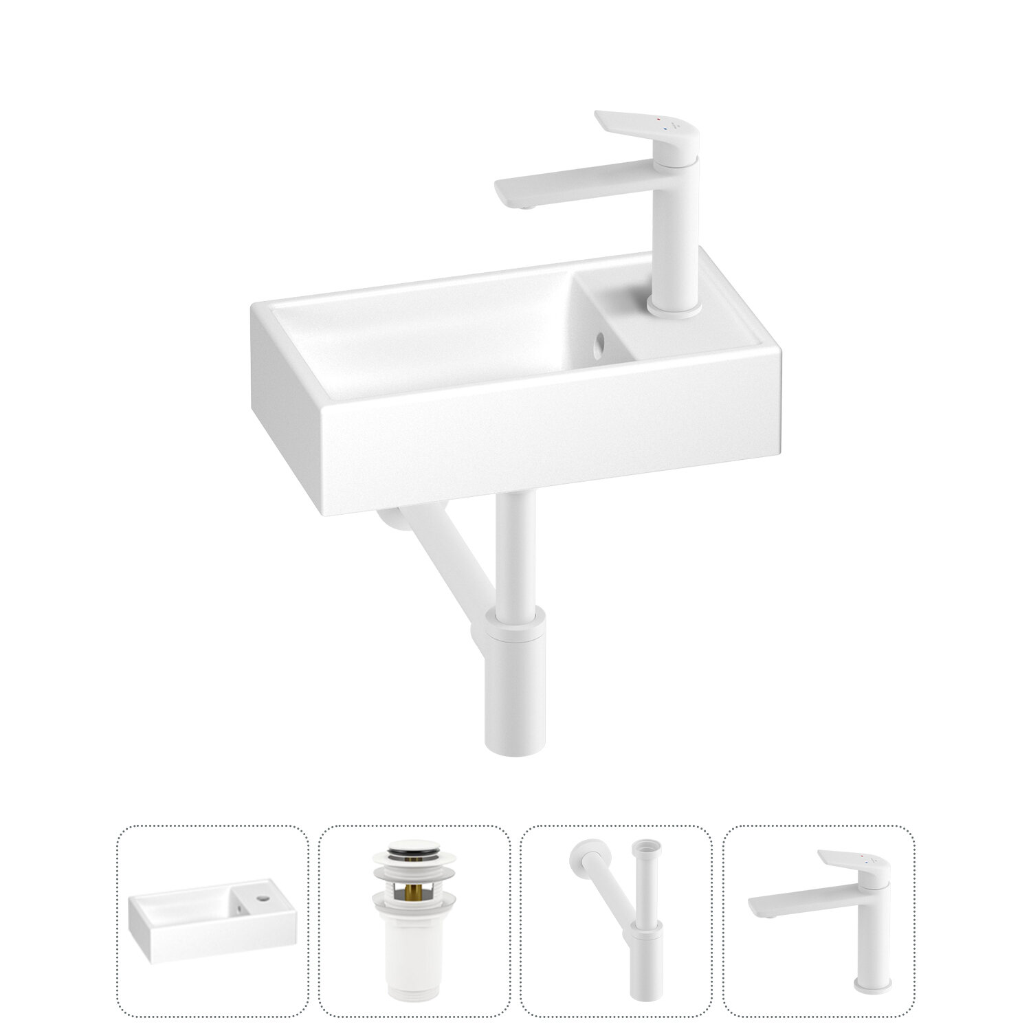 Раковина Wellsee WC Area 40х22 с донным клапаном, сифоном и смесителем (цвет набора матовый белый) - фото №1