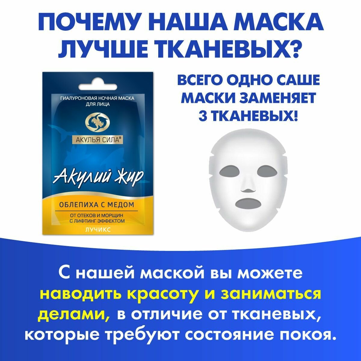 Акулья сила. Ночная гиалуроновая маска для лица, от морщин и отеков, лифтинг и подтяжка. Акулий жир Облепиха с медом. Набор 4 шт. по 12 мл / лучикс — фото 1