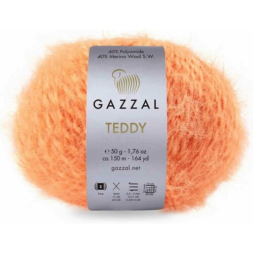 Пряжа Gazzal Teddy настурция (6544), 40%мериносовая шерсть/60%полиамид, 150м, 50г, 2шт
