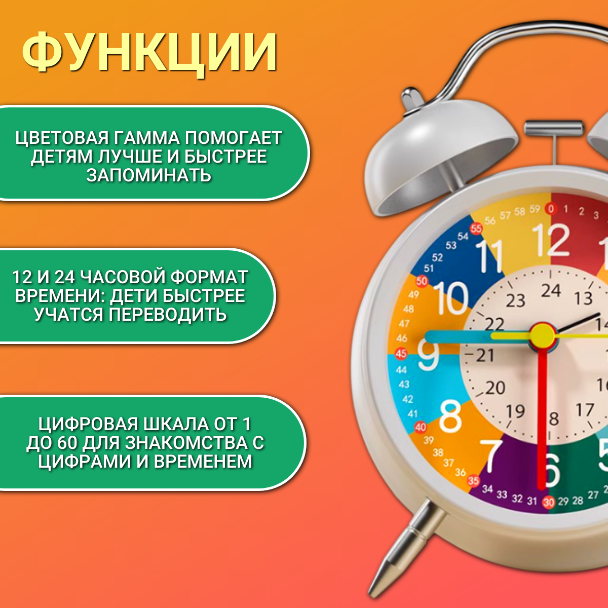 Настольные часы, детский аналоговый обучающий будильник, зарядка от USB, Maxintro — фото 1
