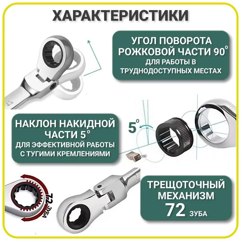 Набор ключей комбинированных трещоточных с шарниром 10 предметов — фото 1