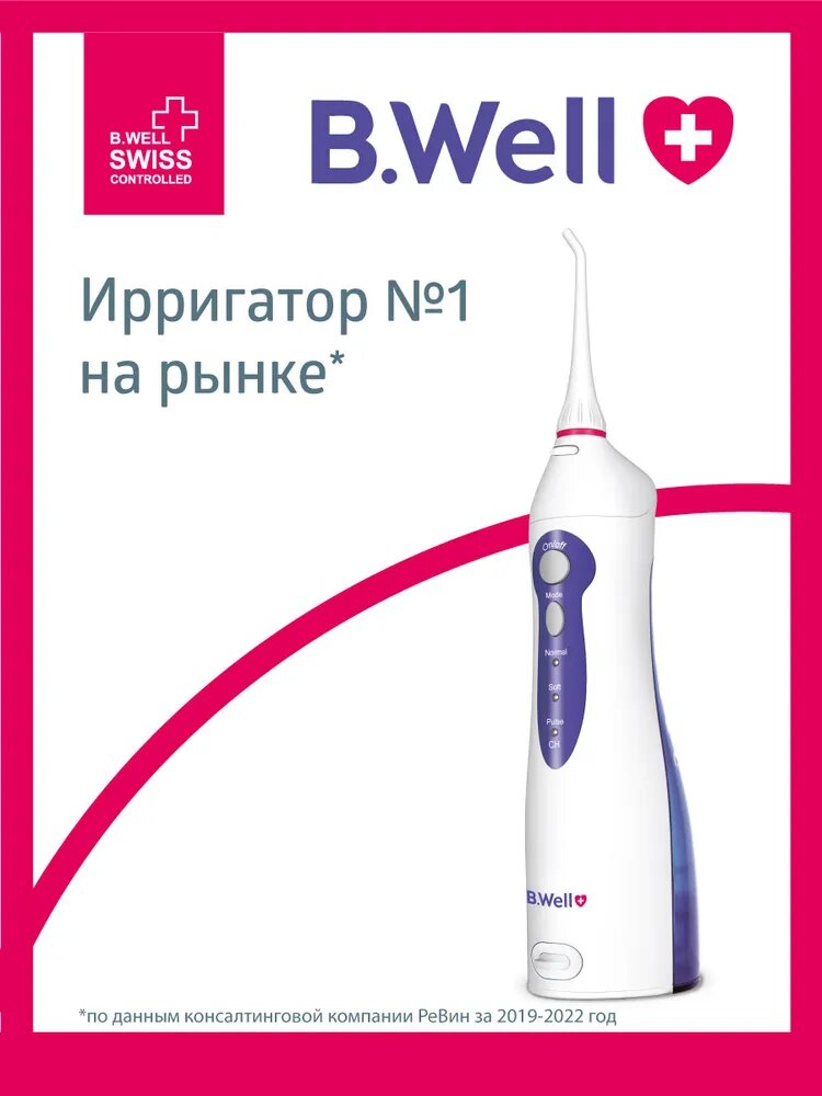 Ирригатор B.Well WI-911 для полости рта, импульсный, портативный, белый/синий — фото 1