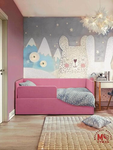 Изображение товара Кровать детская М-Стиль "Хагги"160х80 см, с защитным бортиком, без ящика для хранения, розовая