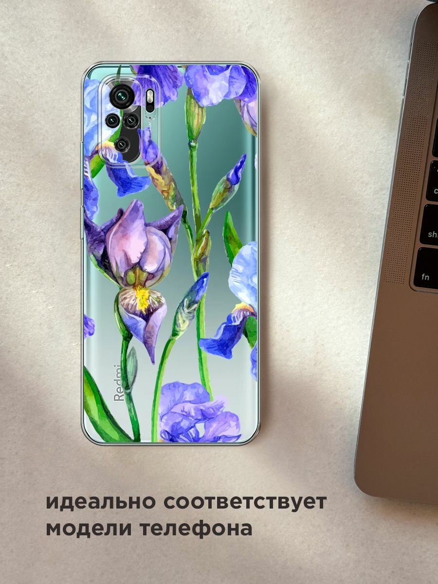 Чехол на Xiaomi Redmi Note 10/Note 10S/Poco M5s / Сяоми Редми Нот 10/Нот 10S с принтом "Синие ирисы", прозрачный — фото 1