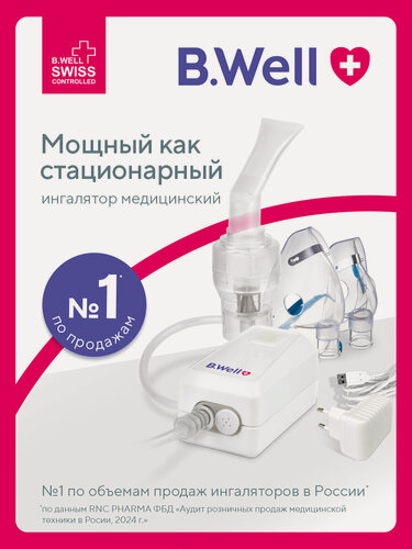 Изображение товара Ингалятор(небулайзер) B.Well MED-120 компрессорный медицинский компактный с адаптером для взрослых и детей.