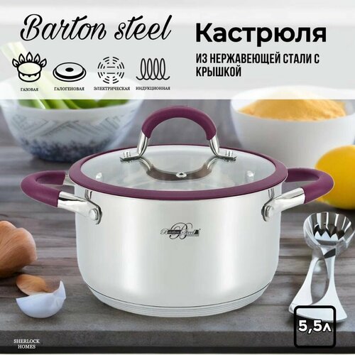 Кастрюля нержавеющая сталь со стеклянной крышкой 5,5 л / все типы плит, включая индукционные / BartonSrteel серый, светлый, серый