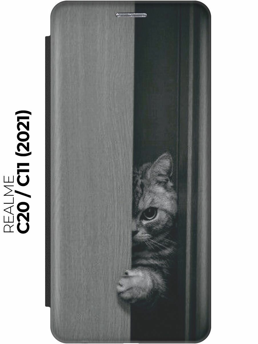 Чехол-книжка Подглядывающий котик на realme C20 / C11 (2021) / Рилми С20 / С11 (2021) черный