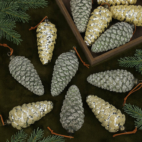 Winter Deco Набор стеклянных елочных игрушек Шишки Джованни 15 см, 12 шт, подвеска * золотистый, зеленый, комбинированный