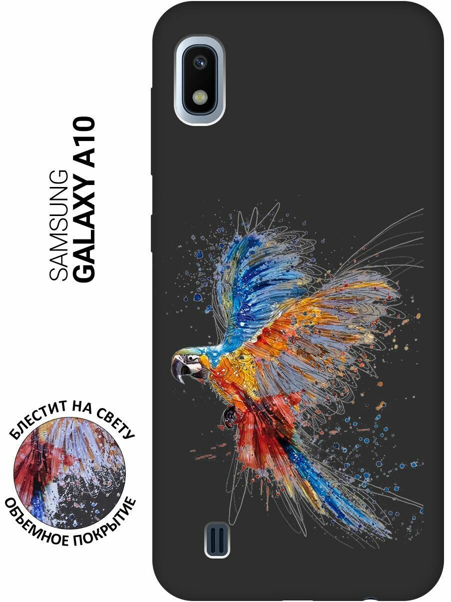 Матовый Soft Touch силиконовый чехол на Samsung Galaxy A10, Самсунг А10 с 3D принтом "Colorful Parrot" черный
