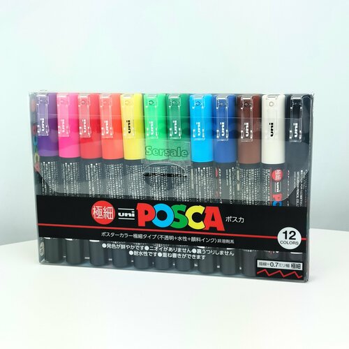 Маркеры UNI Posca PC-1M набор из 12 стандартных цветов толщина 0.7мм