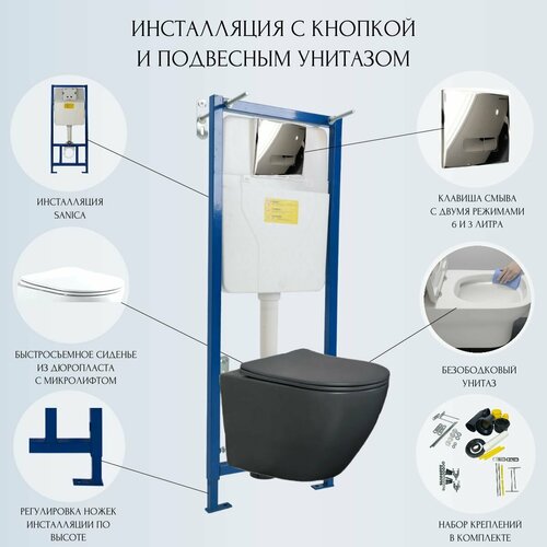 Готовый набор подвесного унитаза: инсталляция Sanica с хромированной панелью смыва + унитаз Zandini Garda-Grey Z19-05G