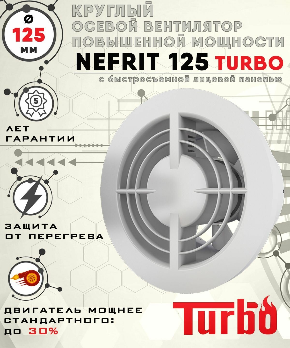 NEFRIT 125 TURBO вентилятор вытяжной 23 Вт повышенной мощности 235 куб. м/ч. с легкосъемной лицевой панелью диаметр 125 мм ZERNBERG