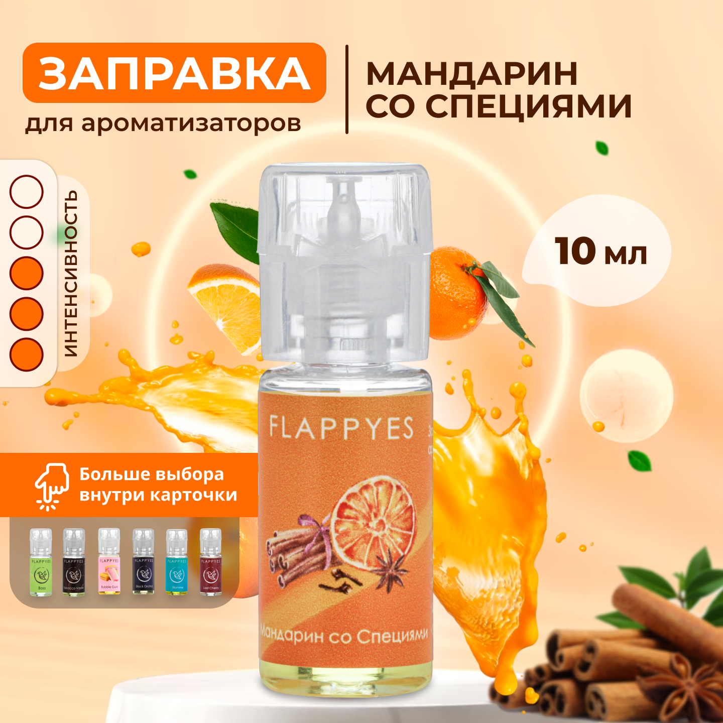 Аромамасло для заправки ароматизаторов авто и дома "Flappyes - Мандарин со специями" (Лёгкий) / Заправка для войлочного / Автопарфюма