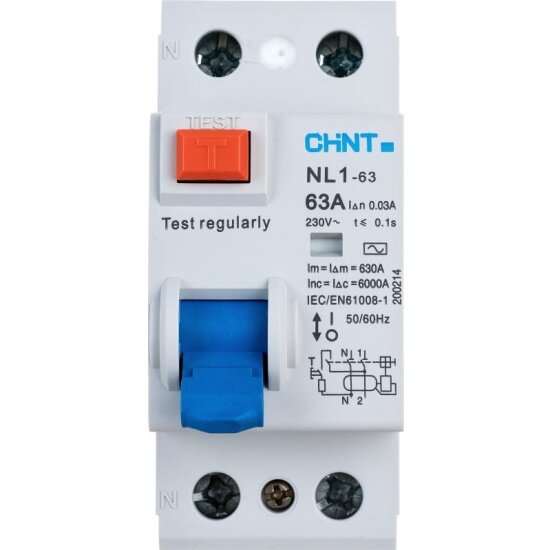 Выключатель дифференциального тока (УЗО) Chint 2п 63А 30мА тип AC 6кА NL1-63 (R), 200214