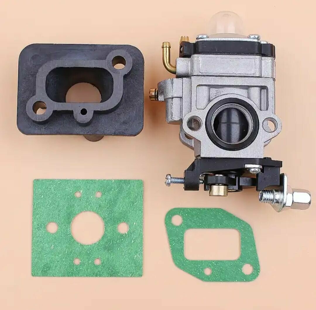 Комплект: Карбюратор для бензокосы мотокосы триммера 43 52 62 см3 (завод)+ Прокладки пара+ Адаптер (теплоизолятор текстолитка)