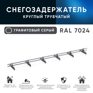 KROVZAVOD Снегозадержатель трубчатый, Zn для металлочерепицы, профнастила( Ral 7024 Графитовый серый), 25x1.5мм L 1000мм (Комплект на 3м/ 3шт по 1м)