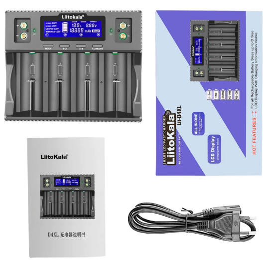 Зарядное устройство Liitokala Lii-D4XL ( для 4-x 32700-10440 , Li-ion/NiMh, ток заряда 1/2A, LCD, показывает вольтаж, ёмкость)