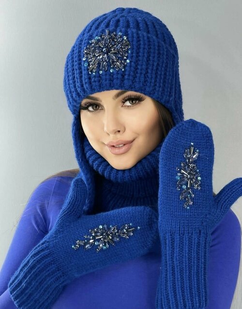 Комплект  Комплект шапка и снуд варежки в подарок/ Комплект шапка, шарф и варежки, размер 54-58, синий