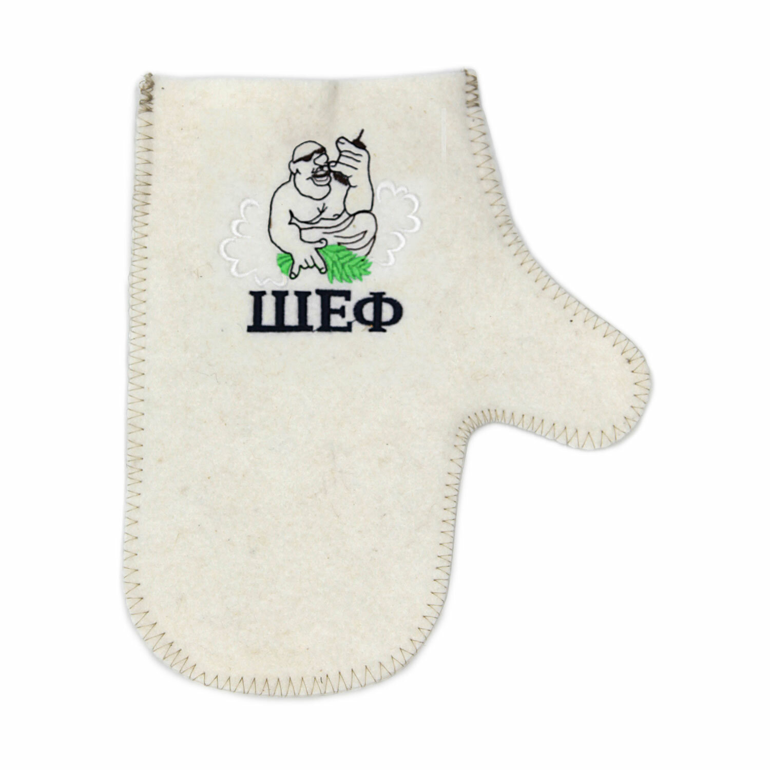 Рукавица для бани БаняМания  Шеф   вышивка  белый войлок  цвет белый