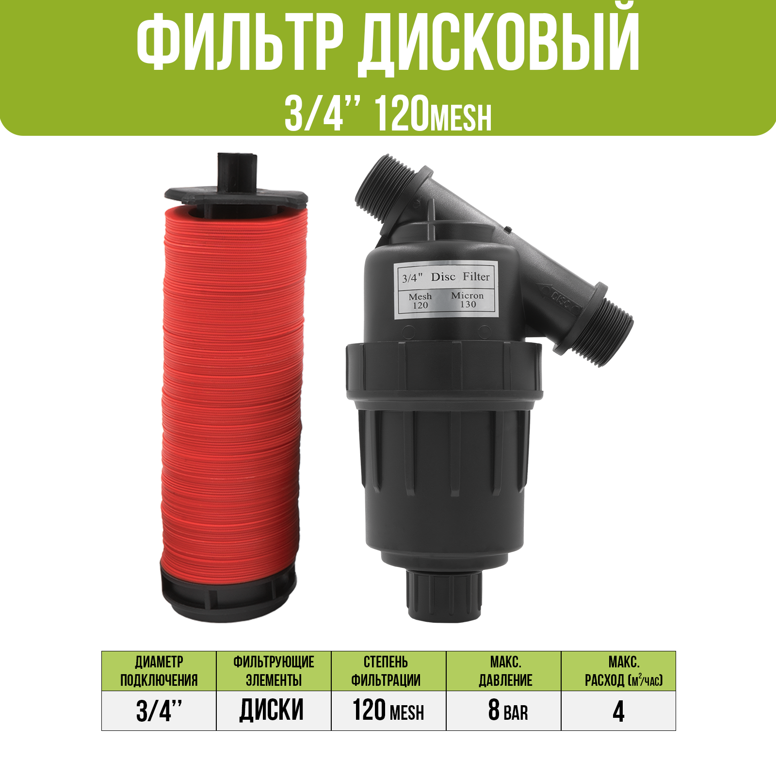 Фильтр 3/4" дисковый, 120 mesh для капельного полива (4 куб. м/час)