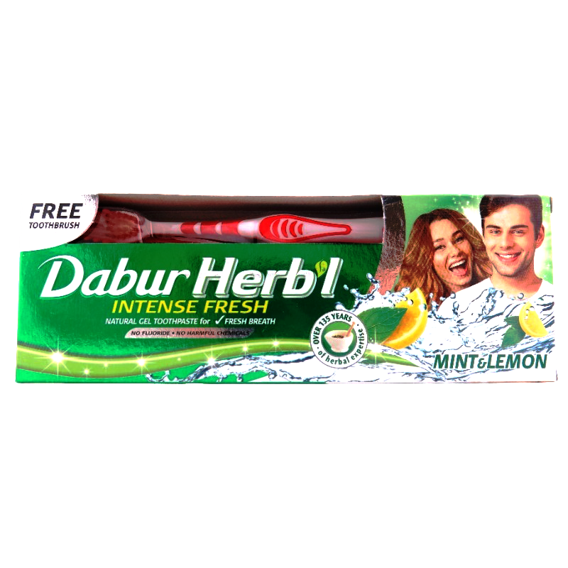 Зубная паста Дабур Хербал Мята и Лимон (Dabur Herb'I Mint & Lemon Gel) в комплекте с зубной щеткой, противовоспалительная, антибактериальная, 150 г