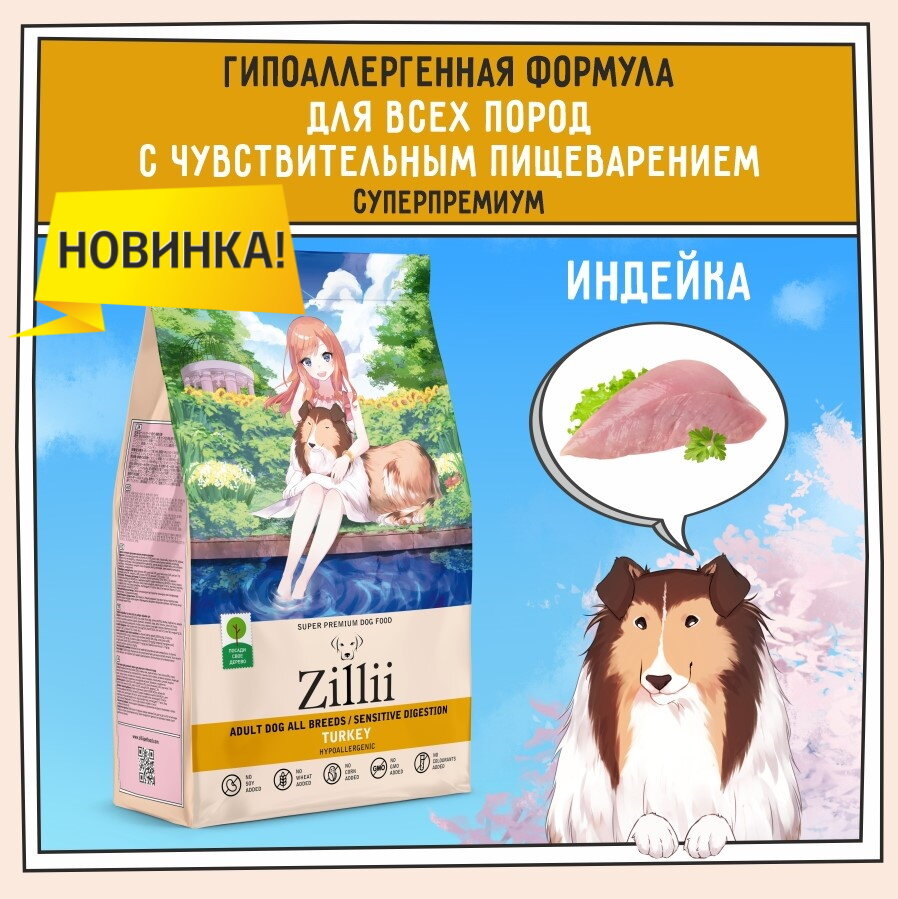 ZILLII Adult Dog Sensitive Digestion Сухой корм для взрослых собак с чувствительным пищеварением 800г Индейка