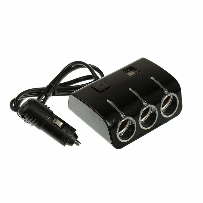 Разветвитель прикуривателя, 3 гнезда, 2 USB 1 А, 60 Вт, 12/24 В, подсветка, провод 70 см (комплект из 3 шт)