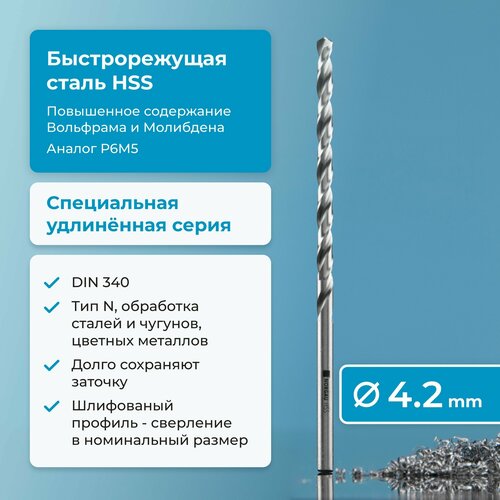 Сверло по металлу 4,2 мм NORGAU Industrial HSS удлинённое, шлифованный профиль, с центрирующей подточкой перемычки, правое, DIN 340