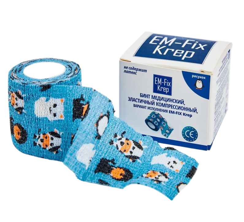 EMFix Krep  ЭМФикс Креп  самофиксирующийся бинт детский 5 см x 45 м синий рисунок в индивидуальной картонной упаковке