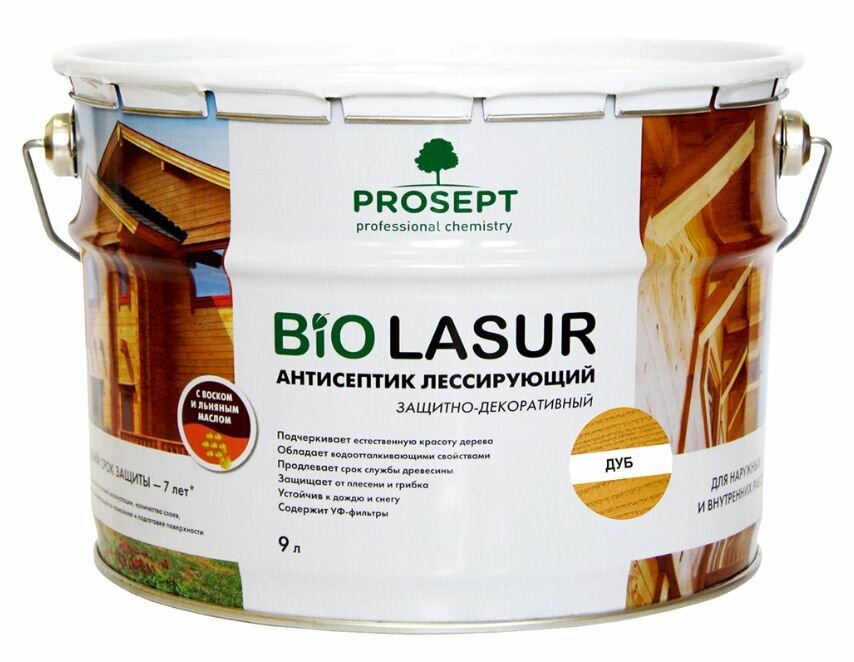 фото Антисептик лессирующий защитно-декоративный PROSEPT BiO LASUR дуб 9 л + перчатки