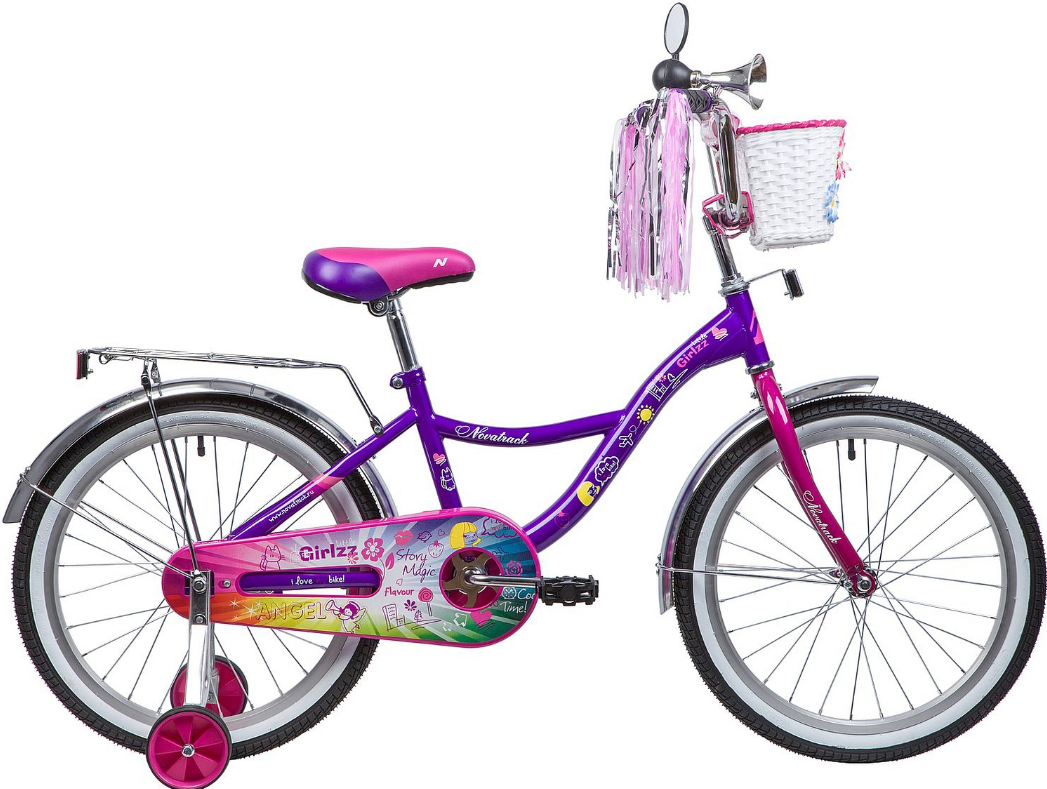 Велосипед детский NOVATRACK 20"207GIRLZZ. VL23 фиолетовый, тормоз нож, пер. корзина, зеркало, крылья